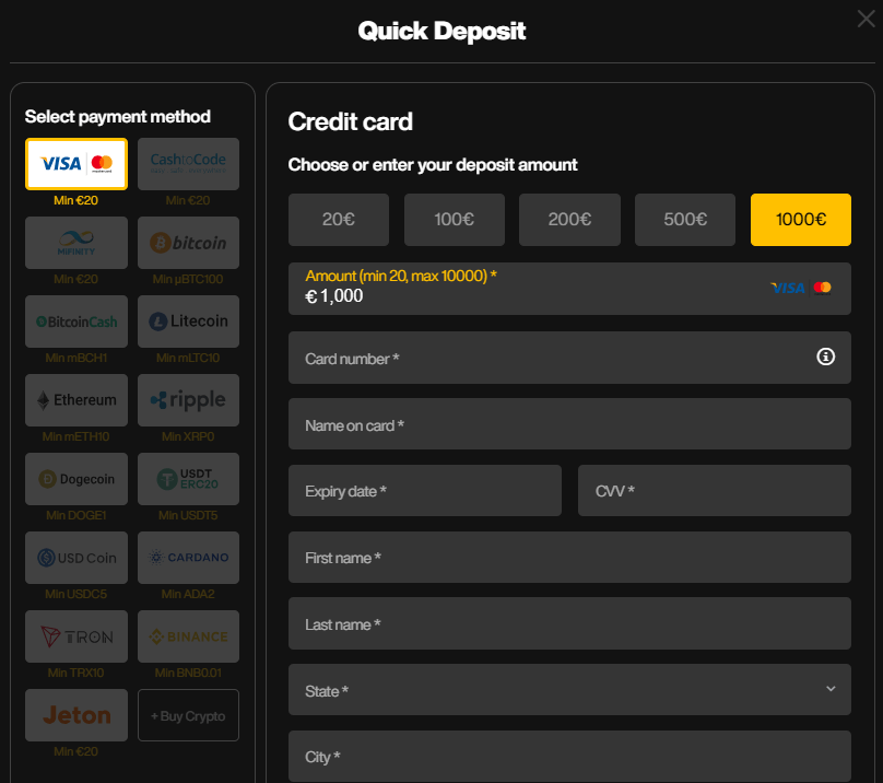 Just Casino Deposit Methods